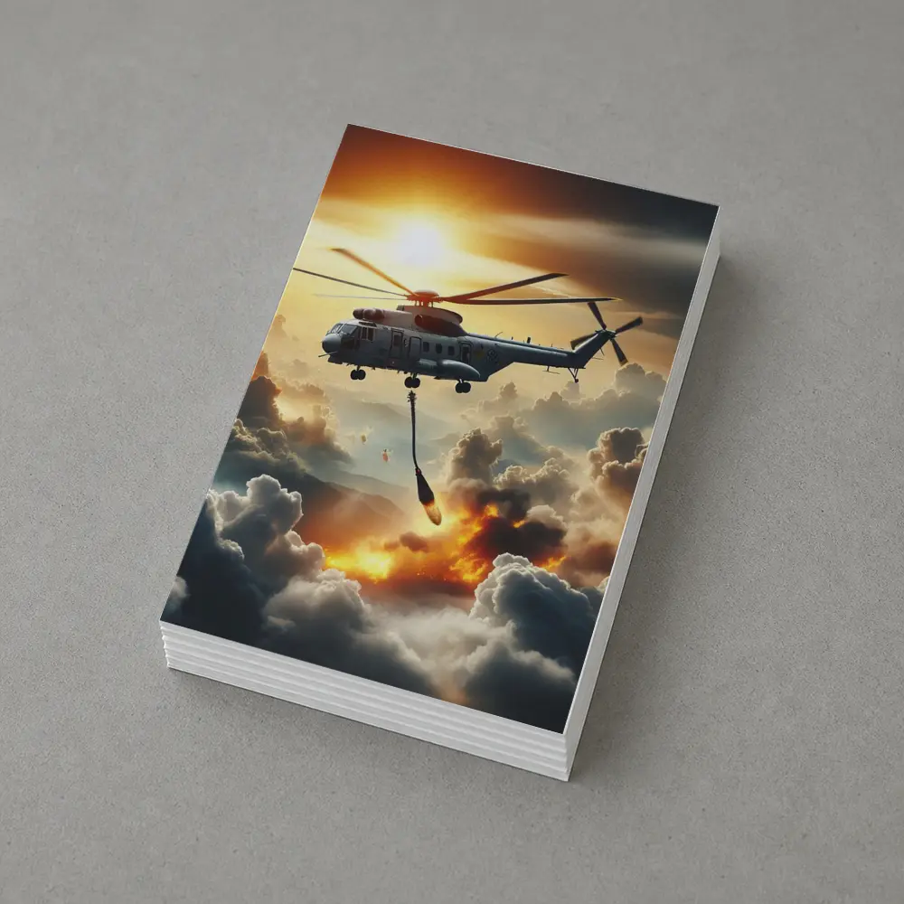 Military Helicopter Flying Over Fire Clouds – Postcards