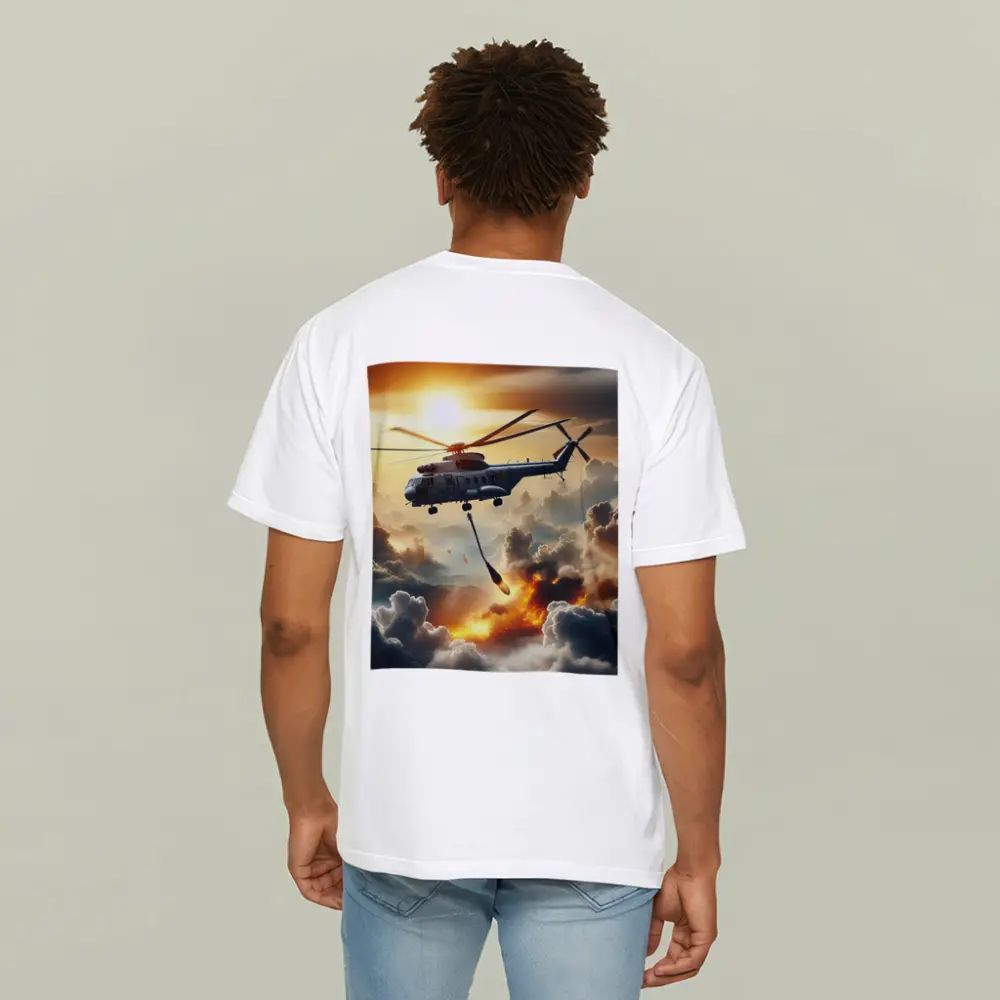Military Helicopter Flying Over Fire Clouds – T-Shirts