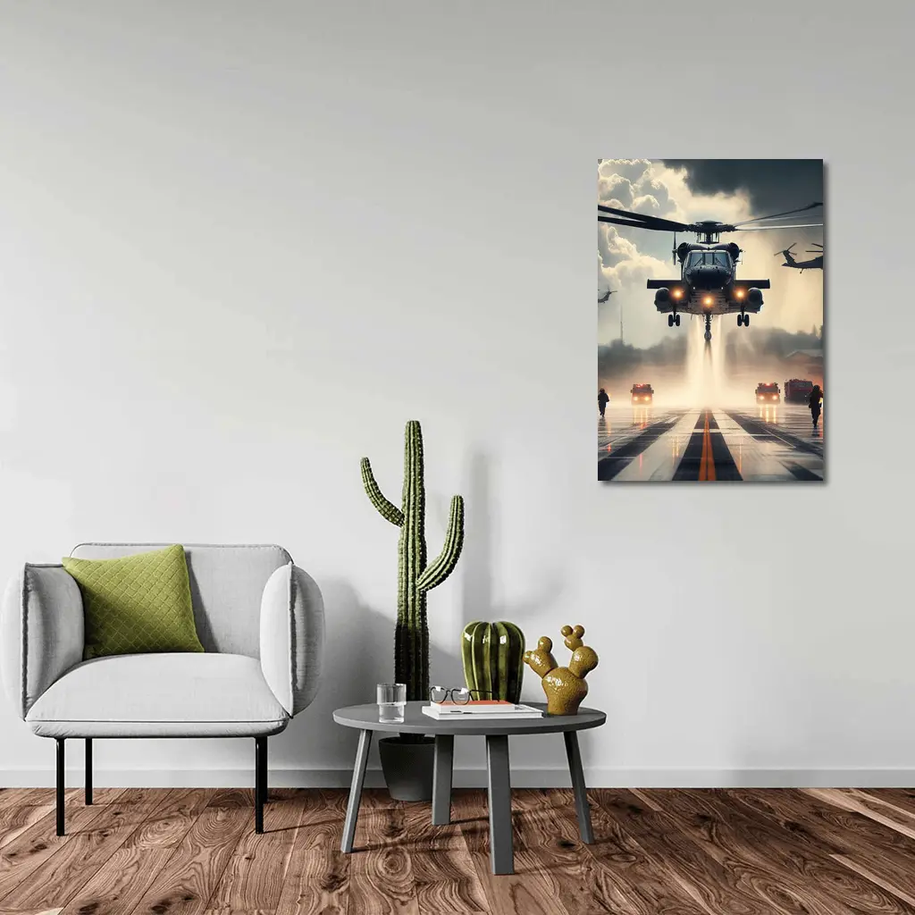Military Helicopter Landing Runway Dramatic Sky – Wall Art