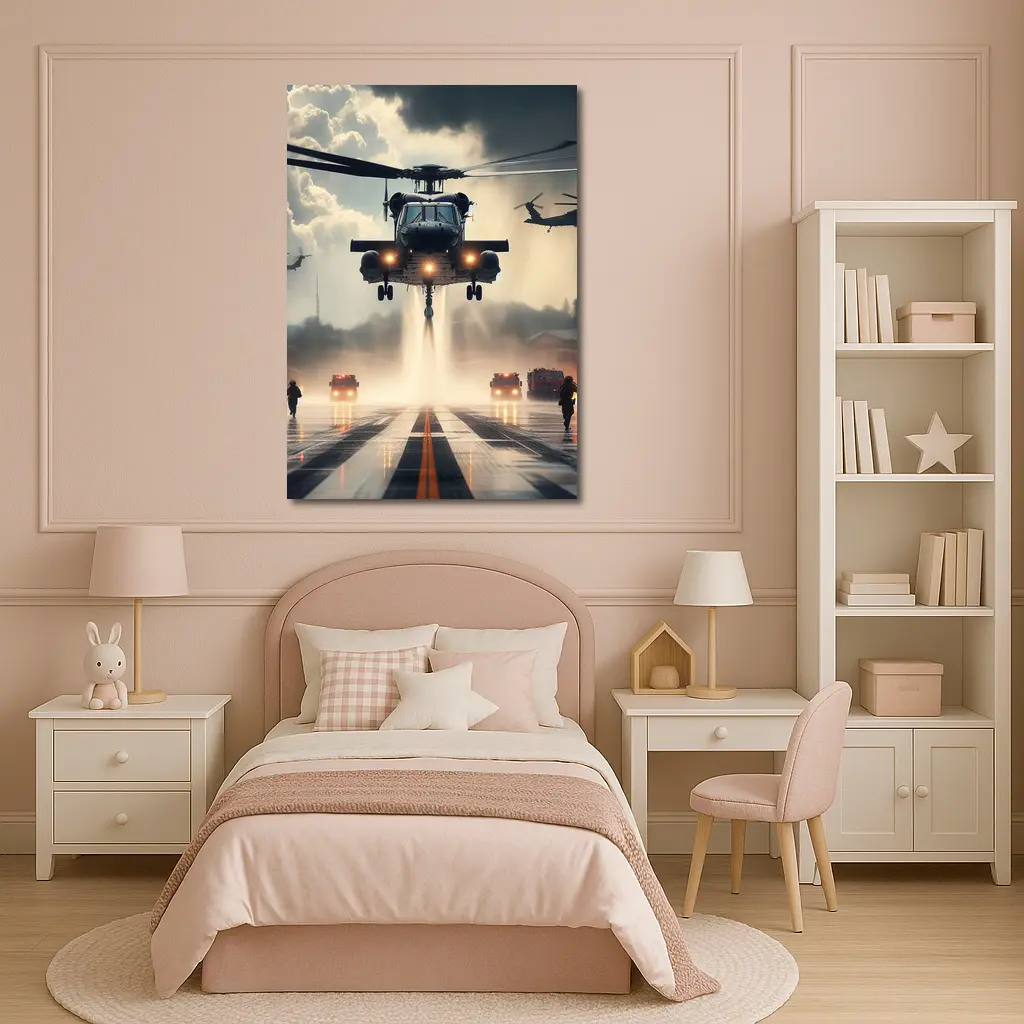 Military Helicopter Landing Runway Dramatic Sky – Wall Art