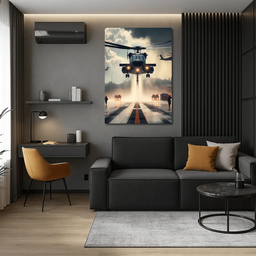 Military Helicopter Landing Runway Dramatic Sky – Wall Art