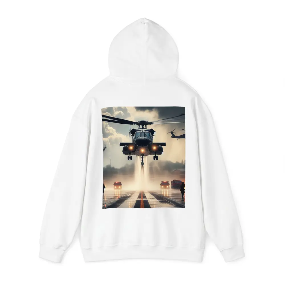 Military Helicopter Landing Runway Dramatic Sky – Hoodies