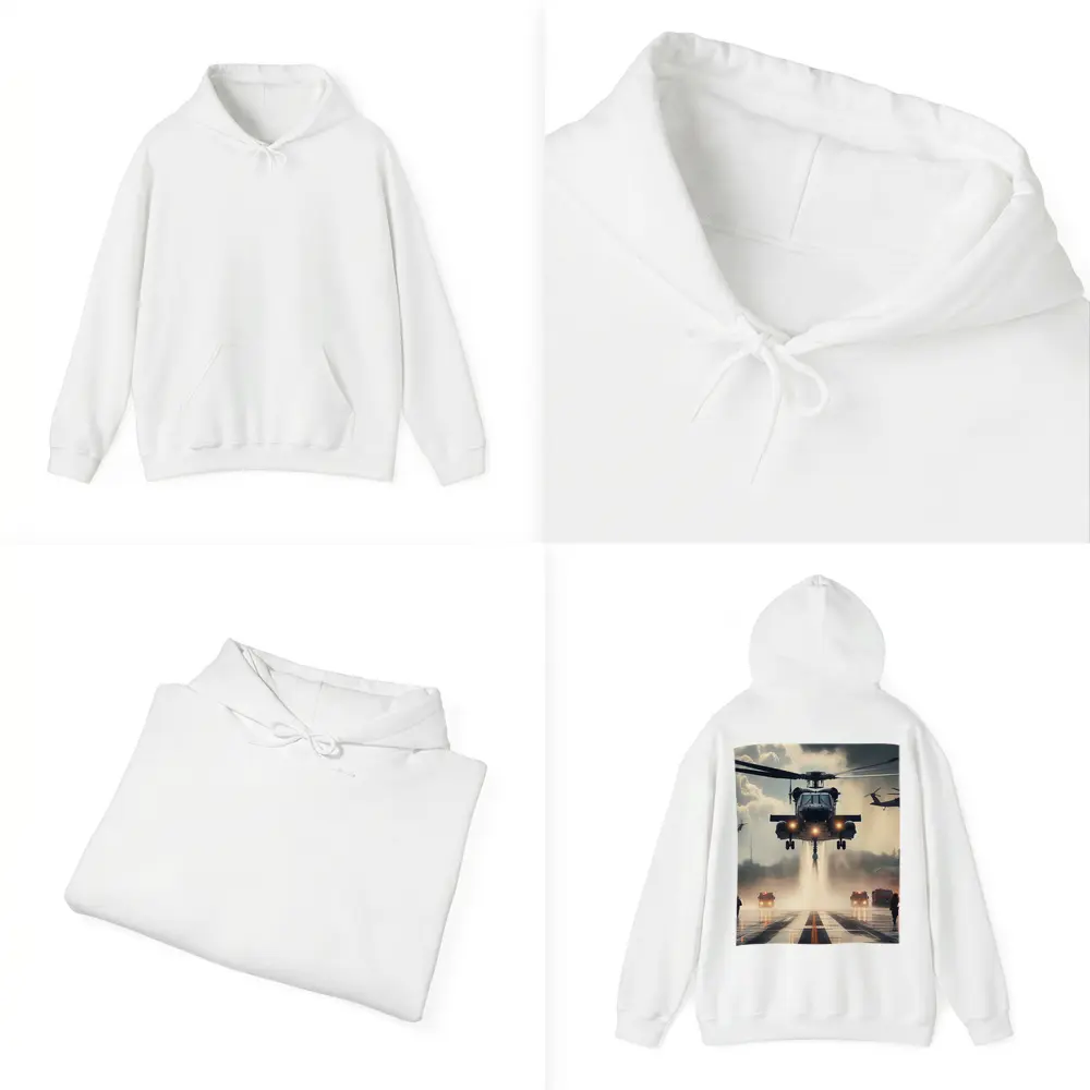 Military Helicopter Landing Runway Dramatic Sky – Hoodies