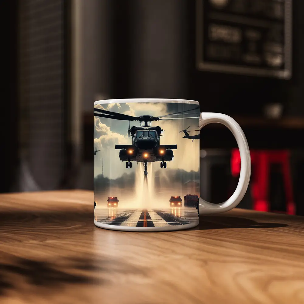 Military Helicopter Landing Runway Dramatic Sky – Mugs