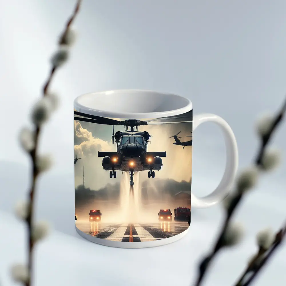 Military Helicopter Landing Runway Dramatic Sky – Mugs