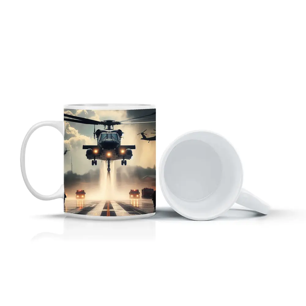 Military Helicopter Landing Runway Dramatic Sky – Mugs