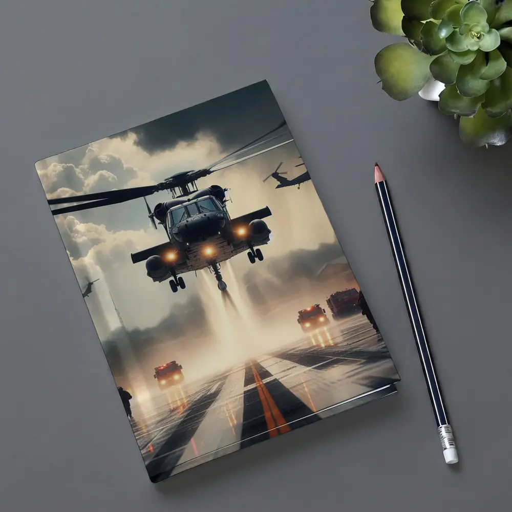 Military Helicopter Landing Runway Dramatic Sky – Notebooks
