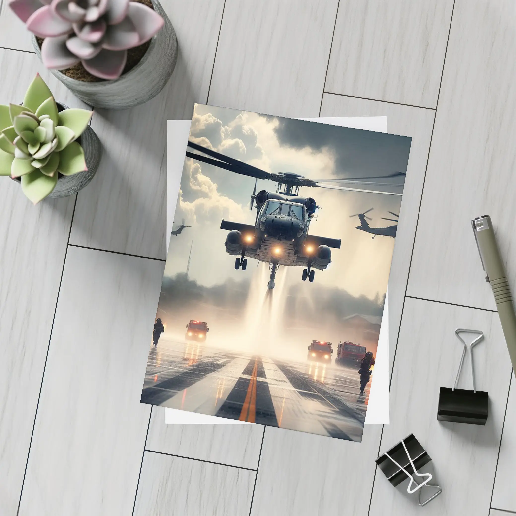 Military Helicopter Landing Runway Dramatic Sky – Postcards