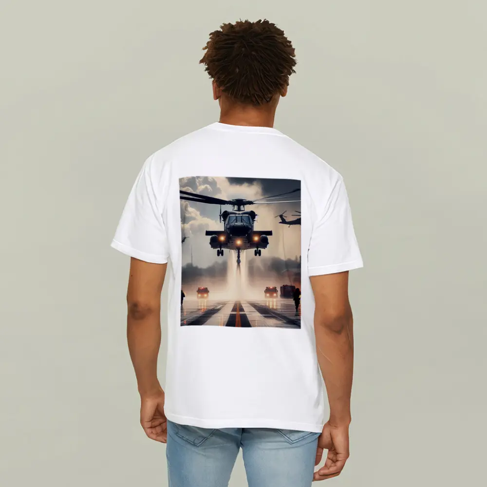 Military Helicopter Landing Runway Dramatic Sky – T-Shirts