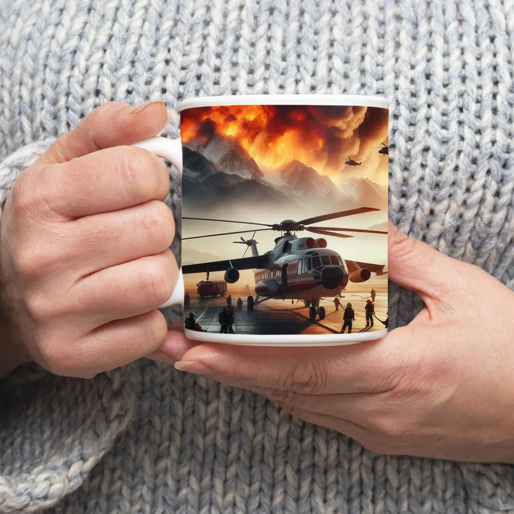 Helicopter Firefighters Mountain Wildfire Emergency Scene – Mugs