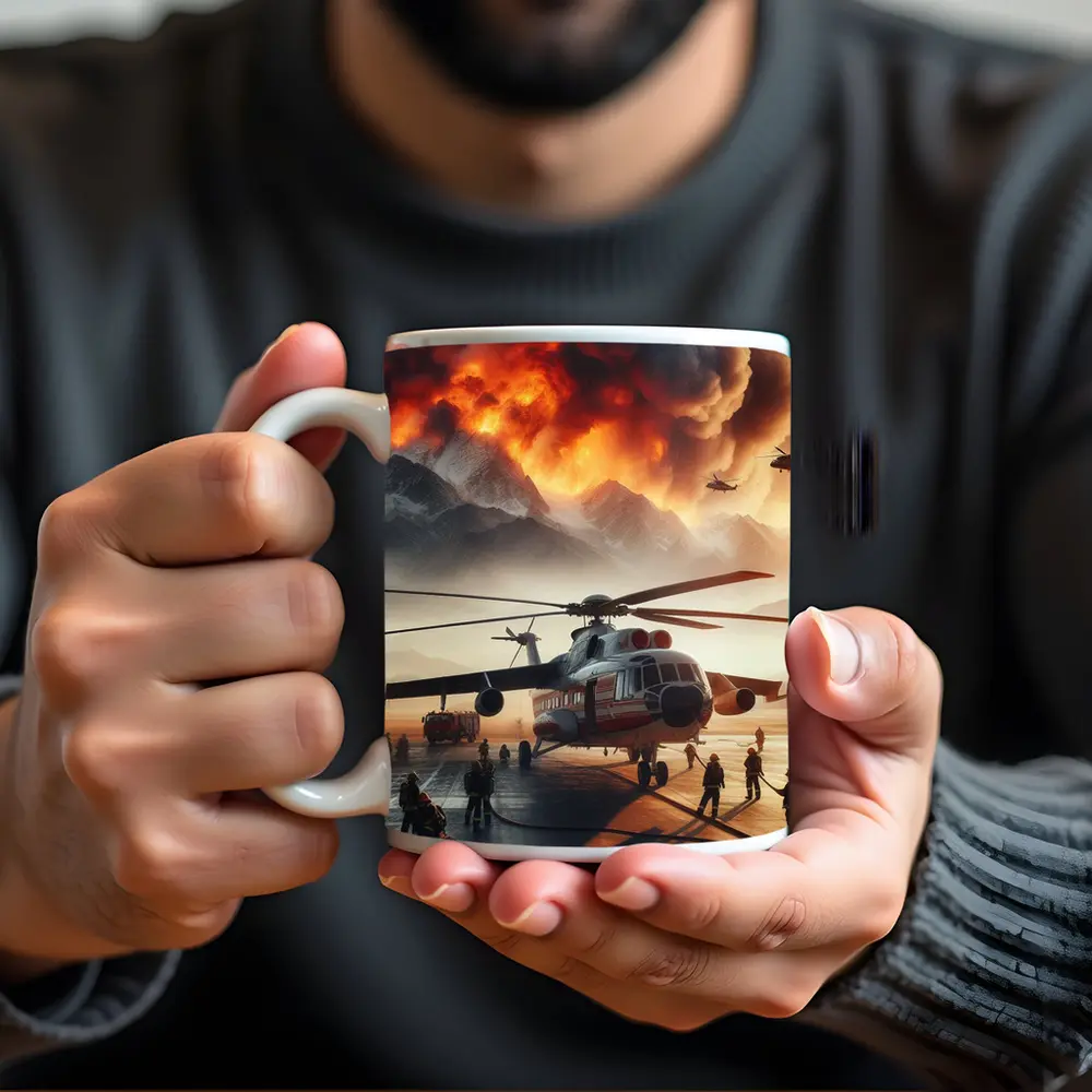 Helicopter Firefighters Mountain Wildfire Emergency Scene – Mugs