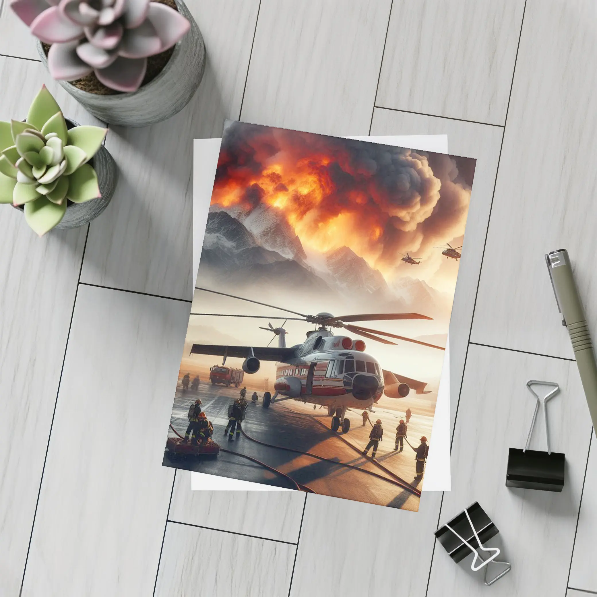 Helicopter Firefighters Mountain Wildfire Emergency Scene – Postcards