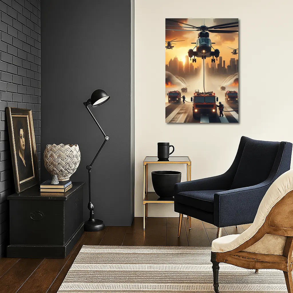Helicopters Fire Trucks City Rescue Operation Sunset – Wall Art