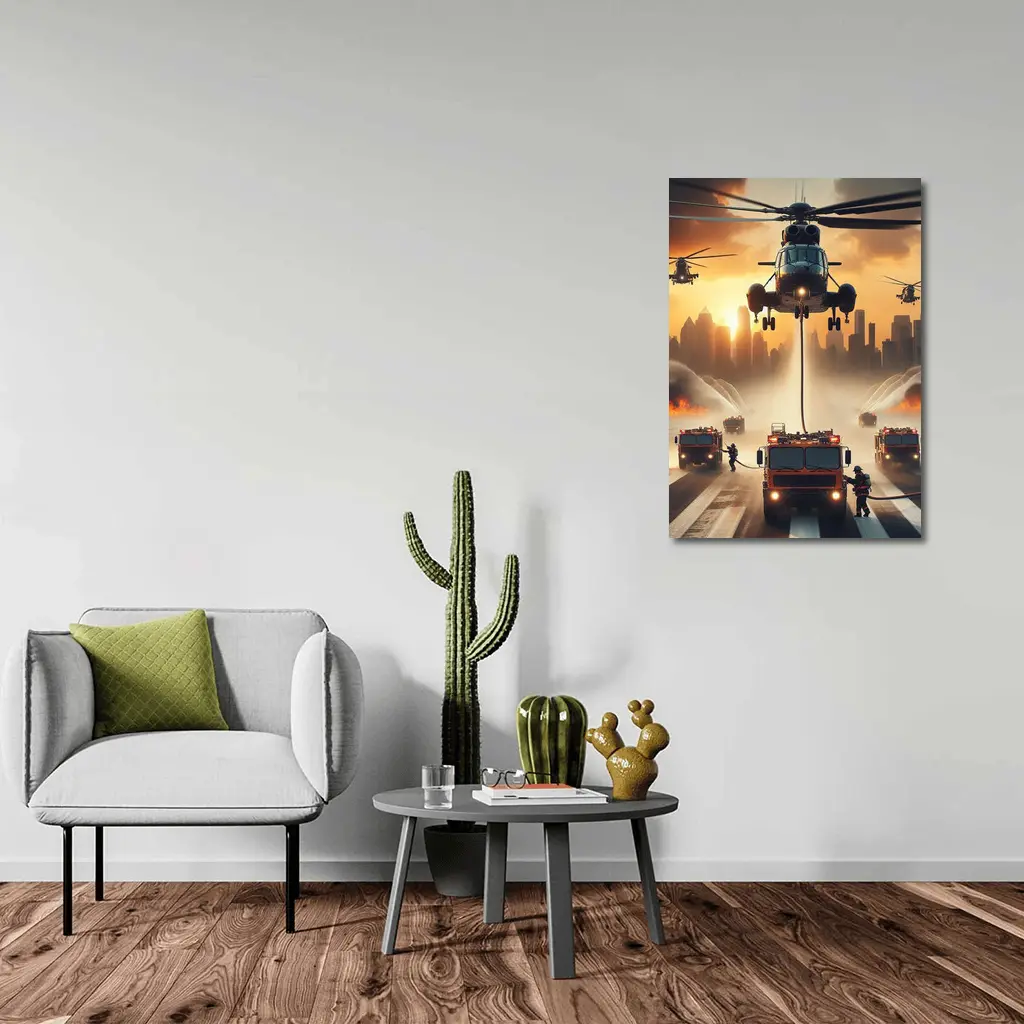 Helicopters Fire Trucks City Rescue Operation Sunset – Wall Art