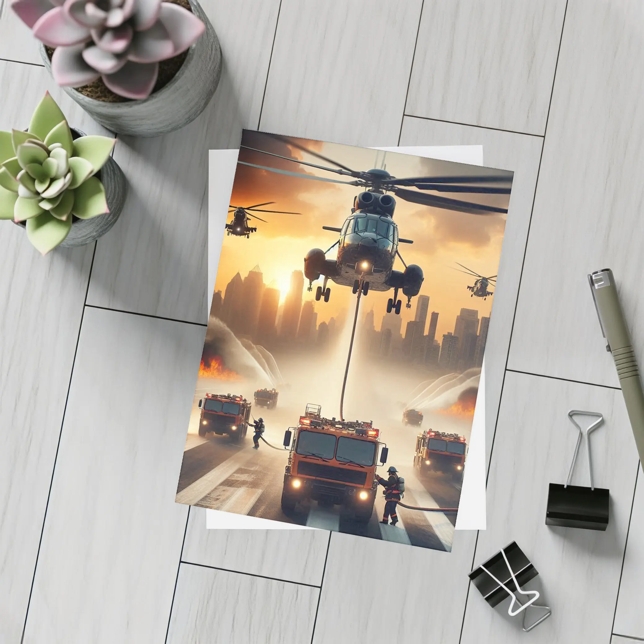 Helicopters Fire Trucks City Rescue Operation Sunset – Postcards