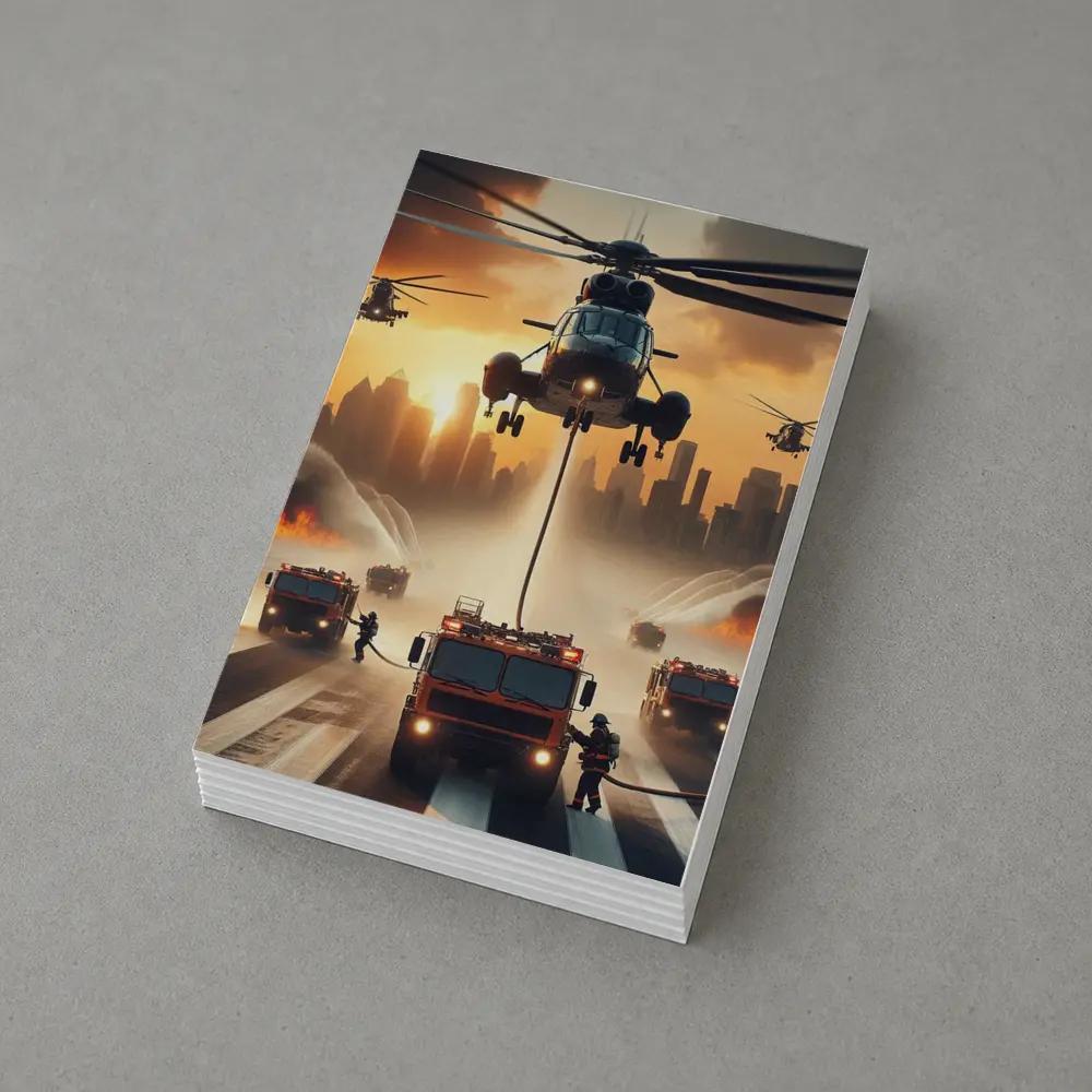 Helicopters Fire Trucks City Rescue Operation Sunset – Postcards