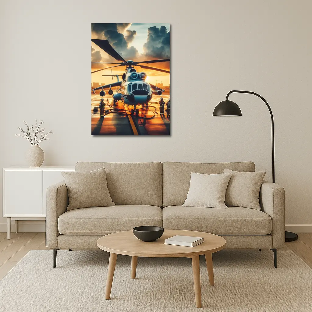 Military Helicopter Ground Crew Sunset Sky – Wall Art