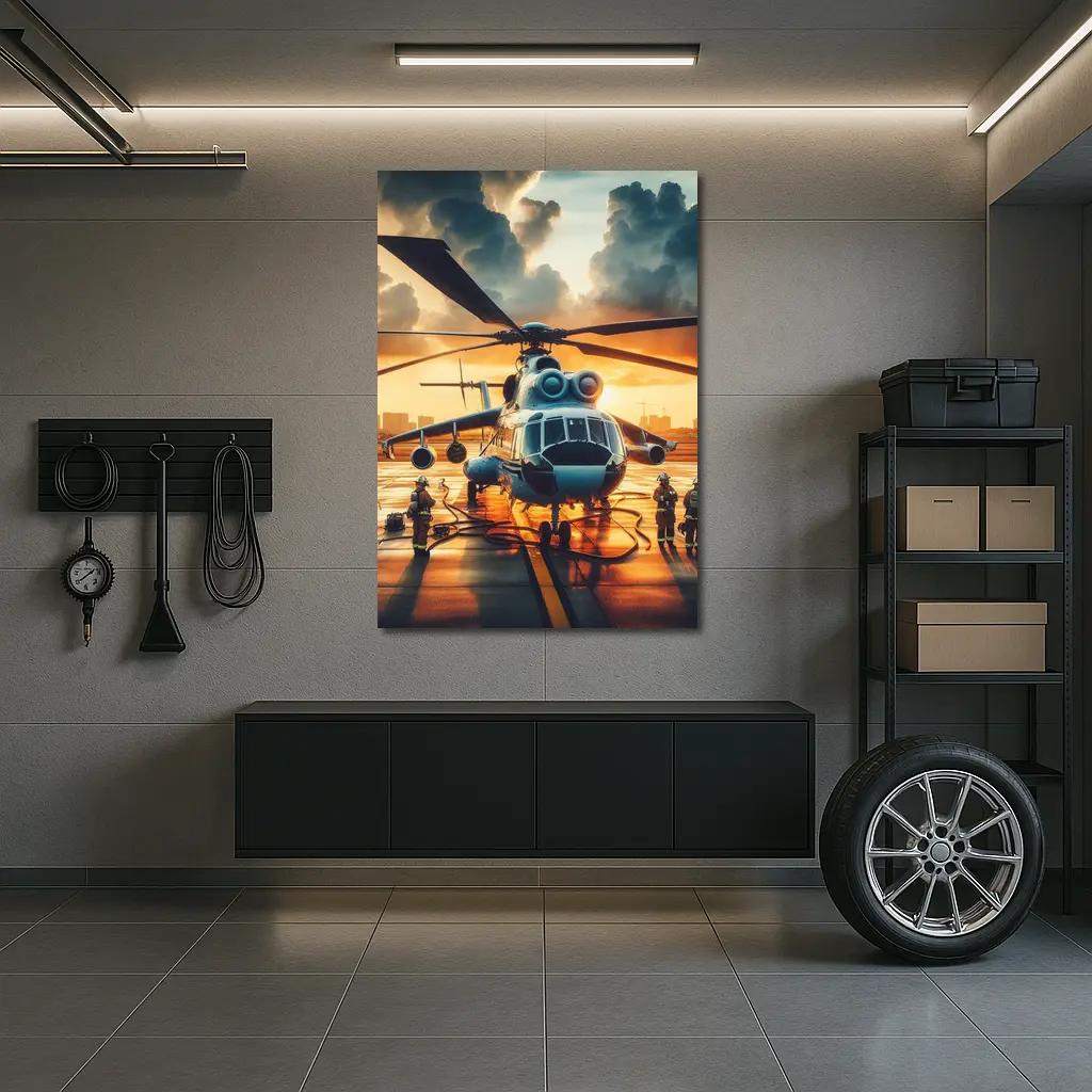 Military Helicopter Ground Crew Sunset Sky – Wall Art