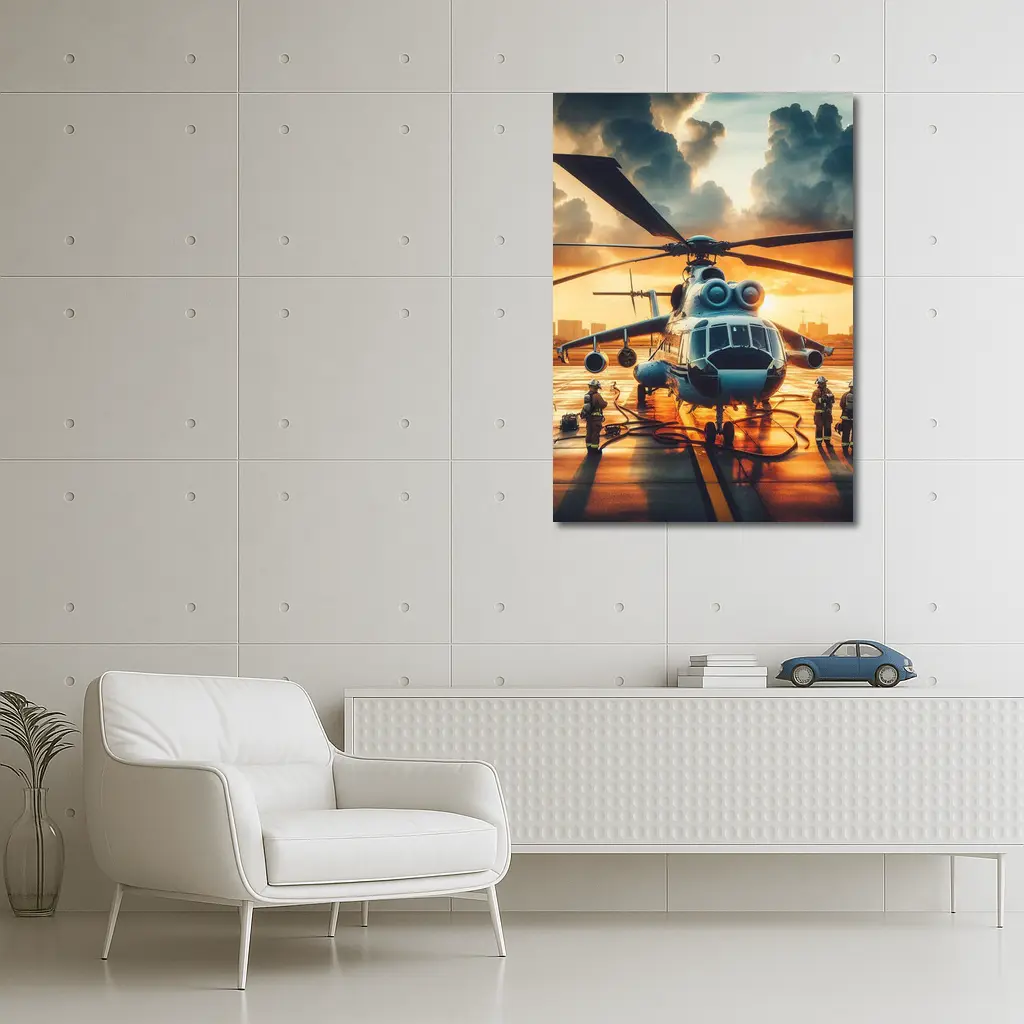 Military Helicopter Ground Crew Sunset Sky – Wall Art