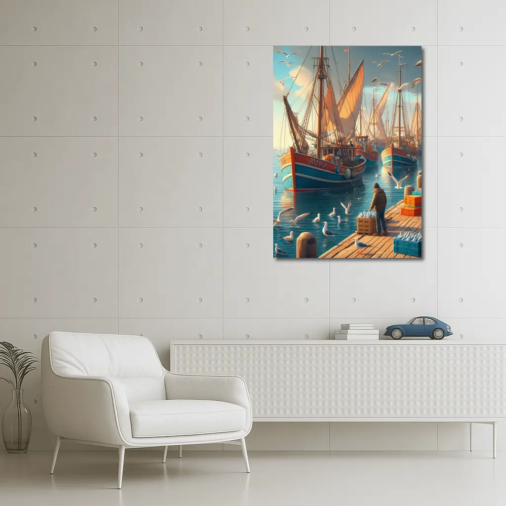 Fishing Boats Harbor Dock Seagulls Scene – Wall Art