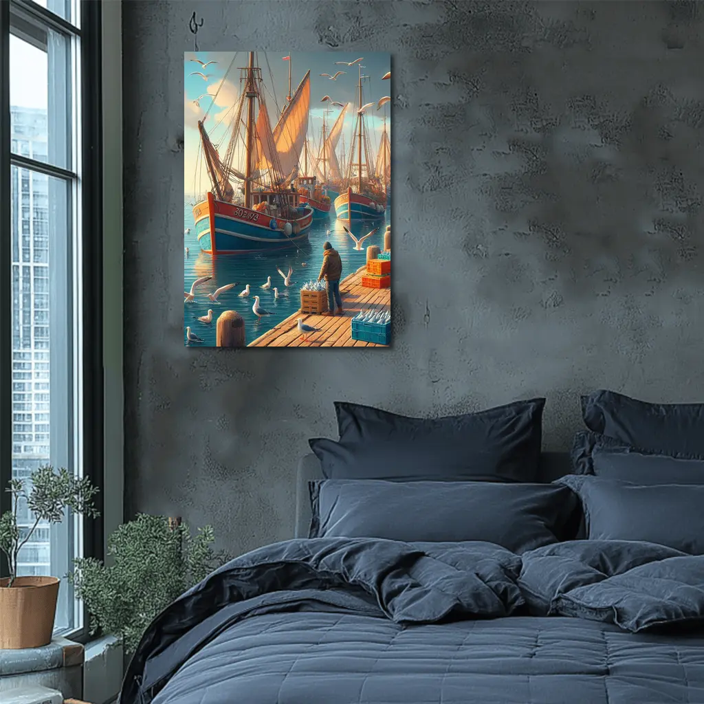 Fishing Boats Harbor Dock Seagulls Scene – Wall Art