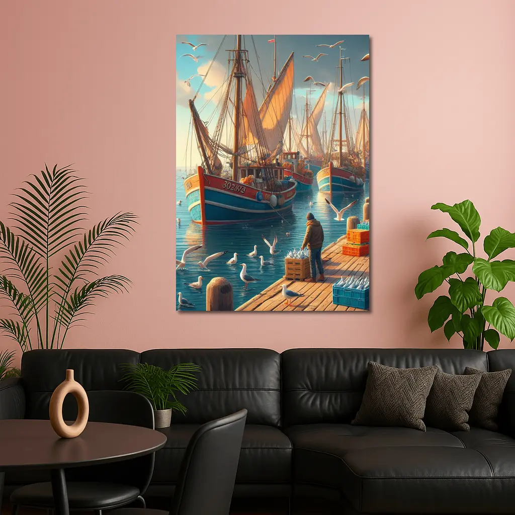 Fishing Boats Harbor Dock Seagulls Scene – Wall Art