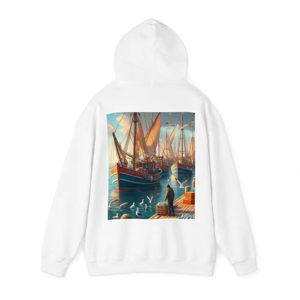 Fishing Boats Harbor Dock Seagulls Scene – Hoodies