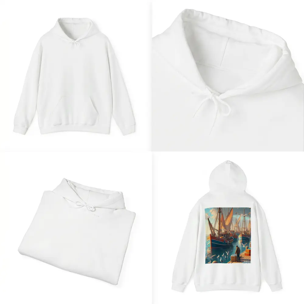 Fishing Boats Harbor Dock Seagulls Scene – Hoodies