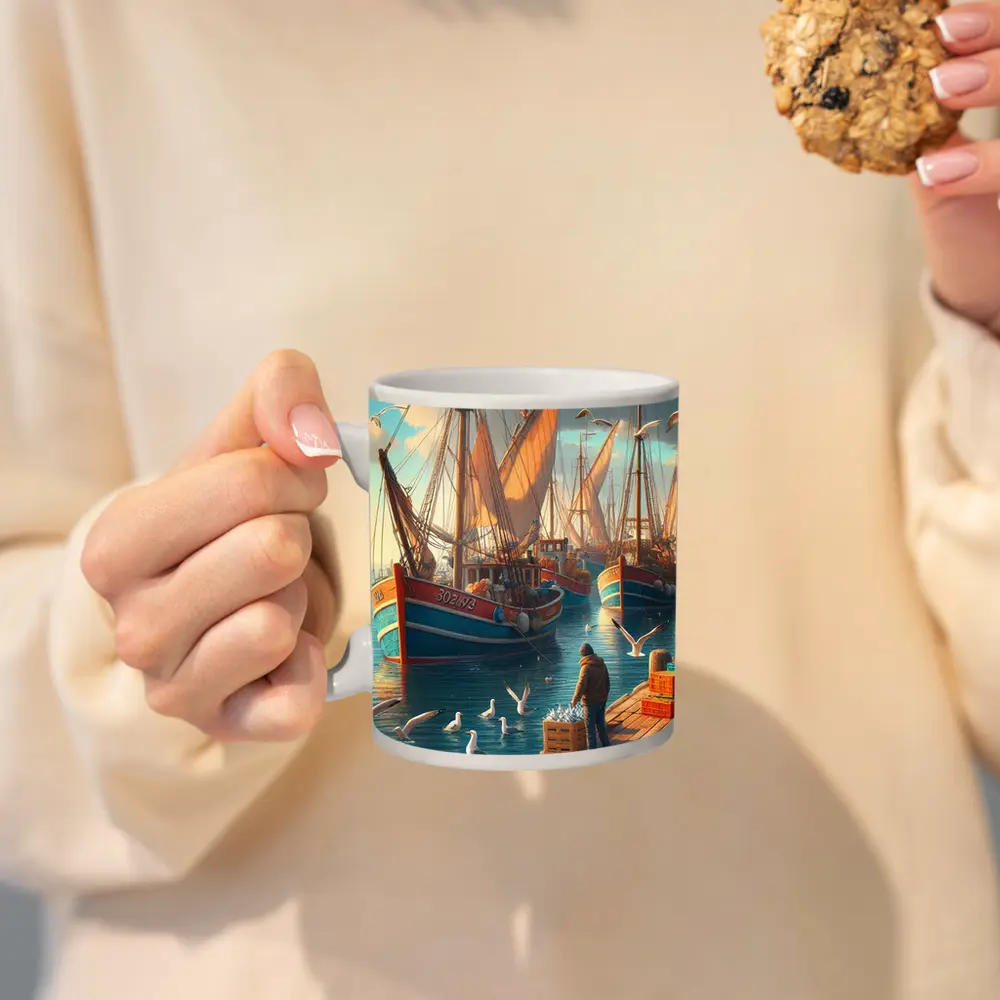 Fishing Boats Harbor Dock Seagulls Scene – Mugs