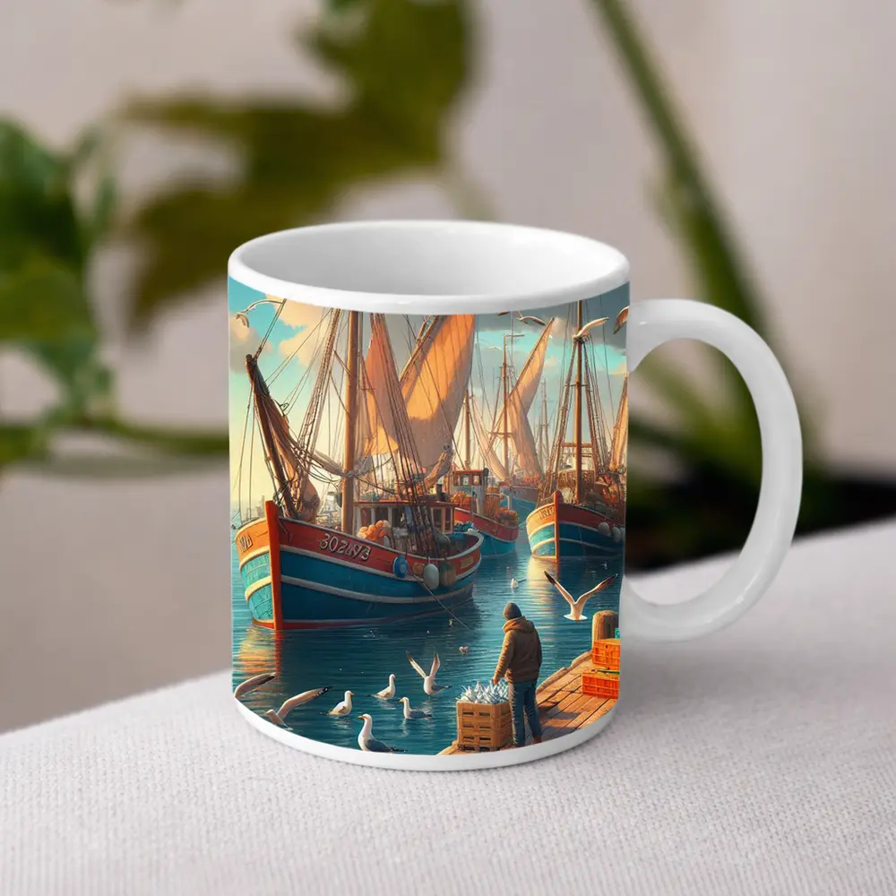 Fishing Boats Harbor Dock Seagulls Scene – Mugs