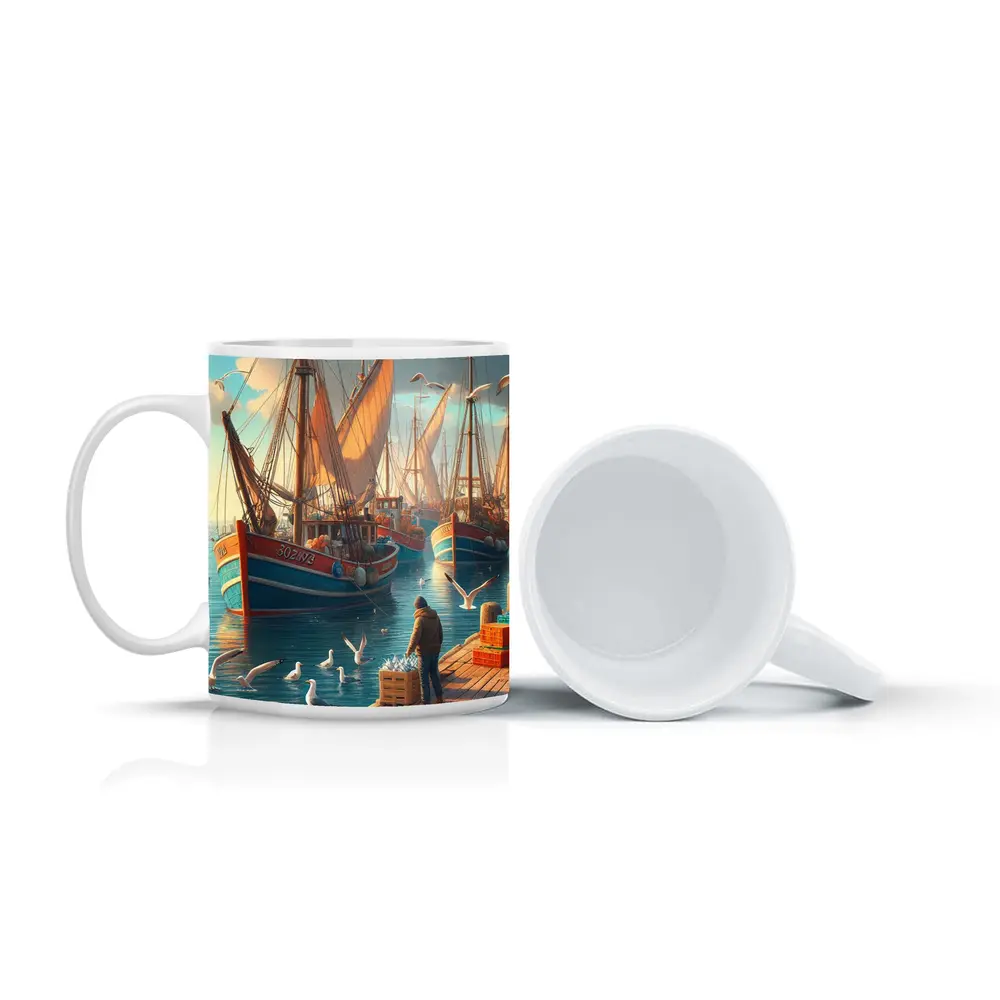 Fishing Boats Harbor Dock Seagulls Scene – Mugs