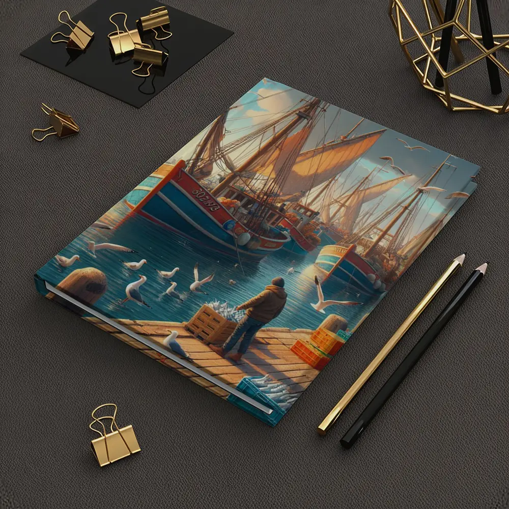 Fishing Boats Harbor Dock Seagulls Scene – Notebooks