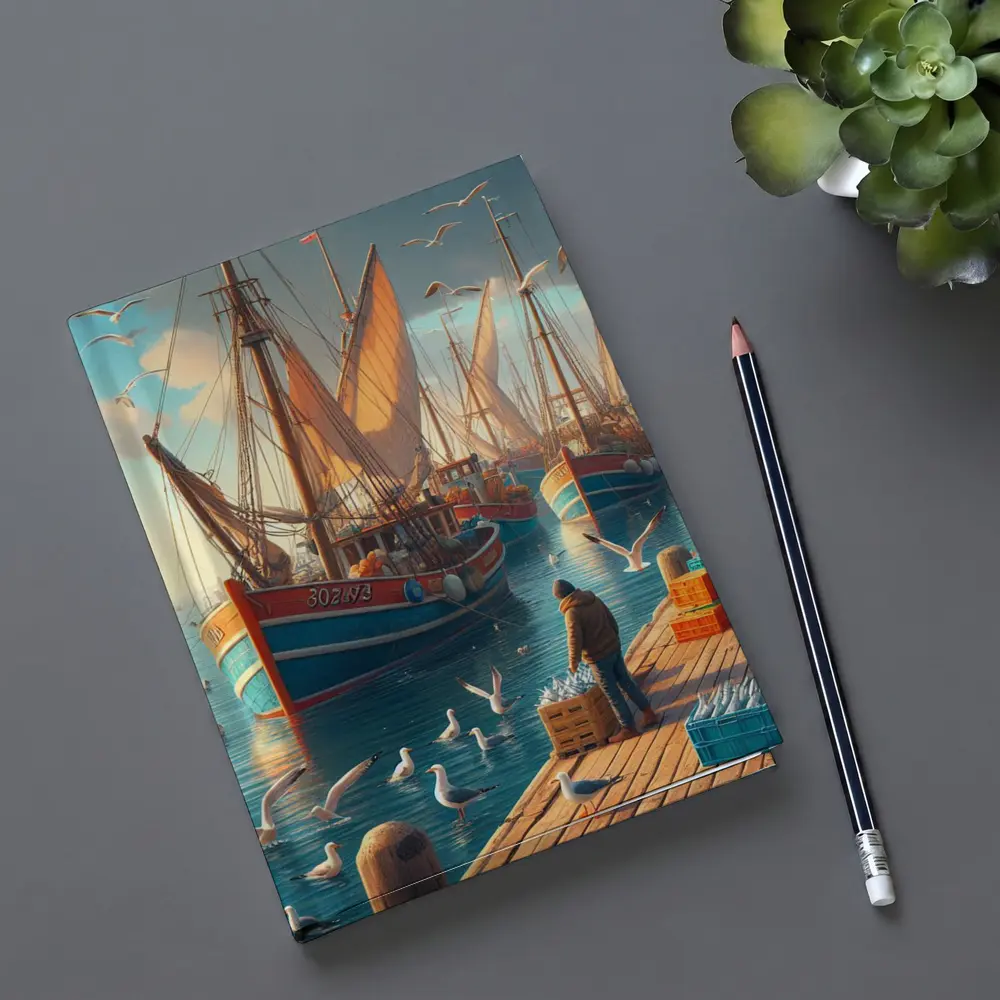 Fishing Boats Harbor Dock Seagulls Scene – Notebooks