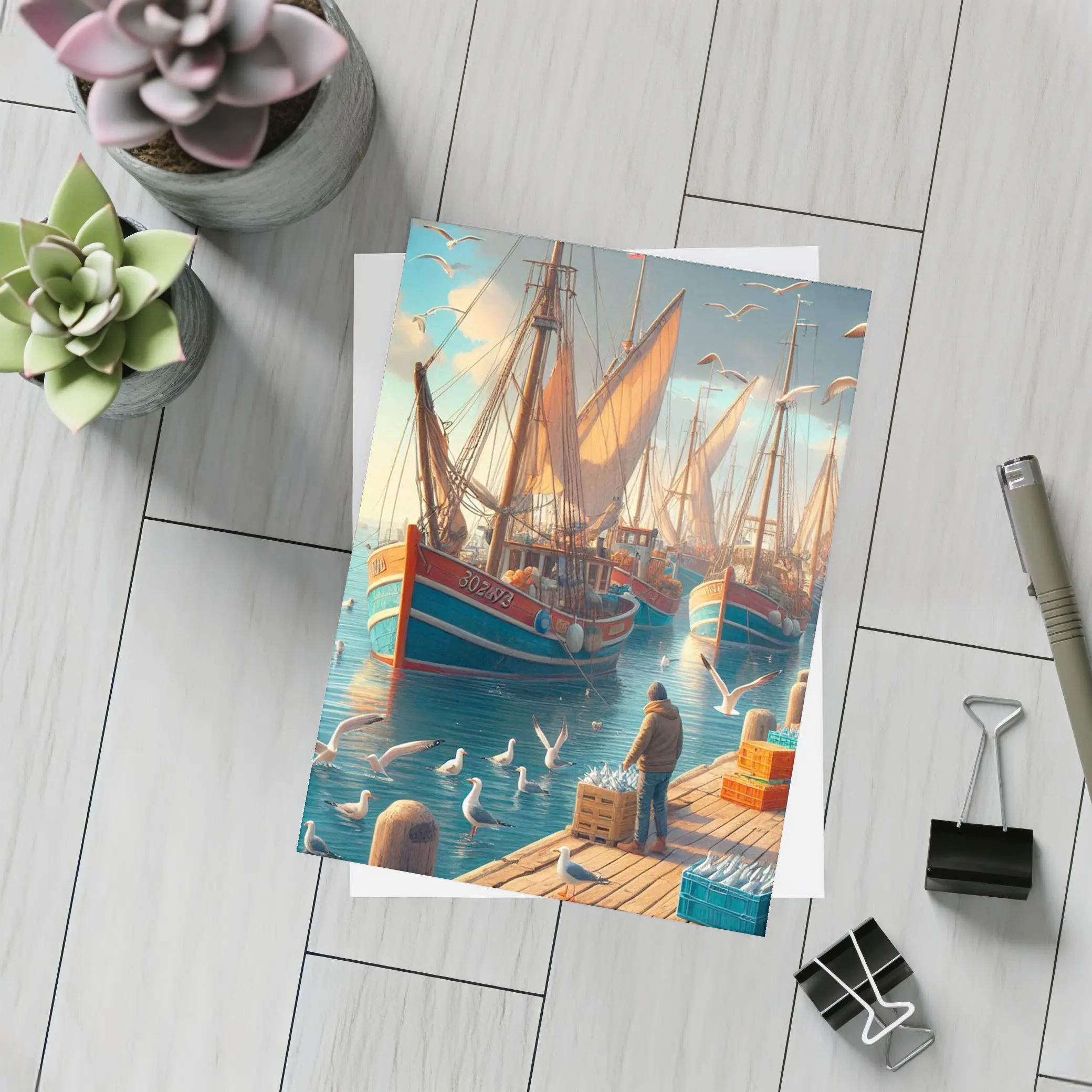 Fishing Boats Harbor Dock Seagulls Scene – Postcards