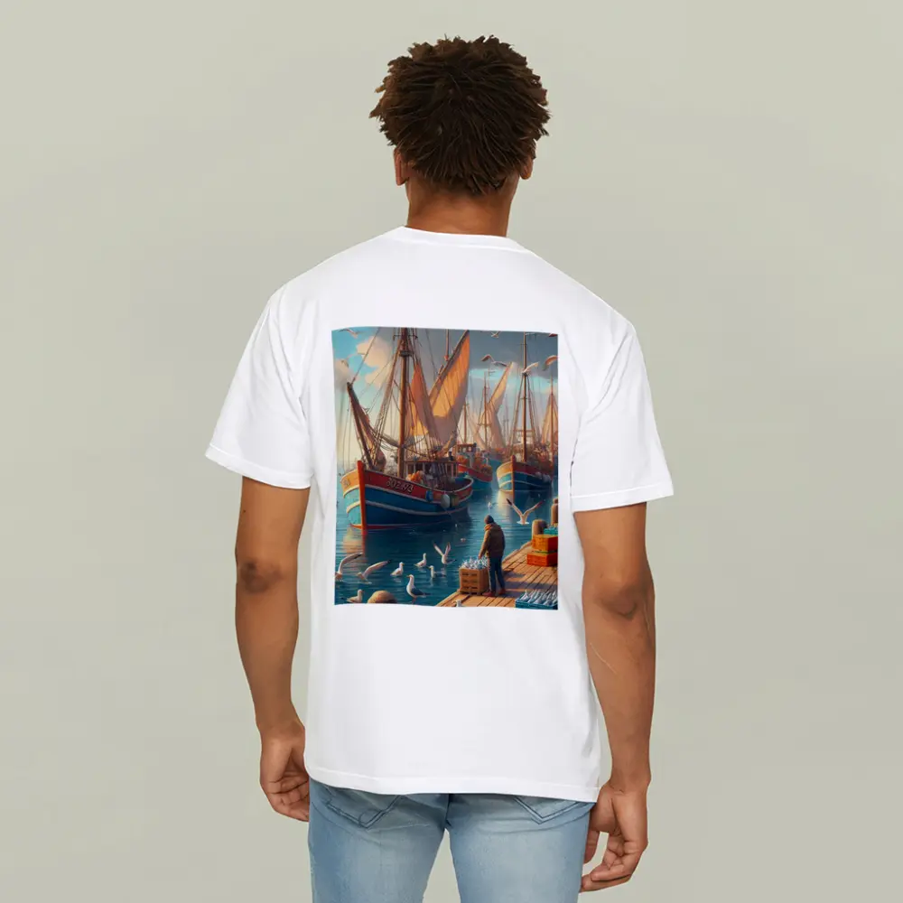 Fishing Boats Harbor Dock Seagulls Scene – T-Shirts