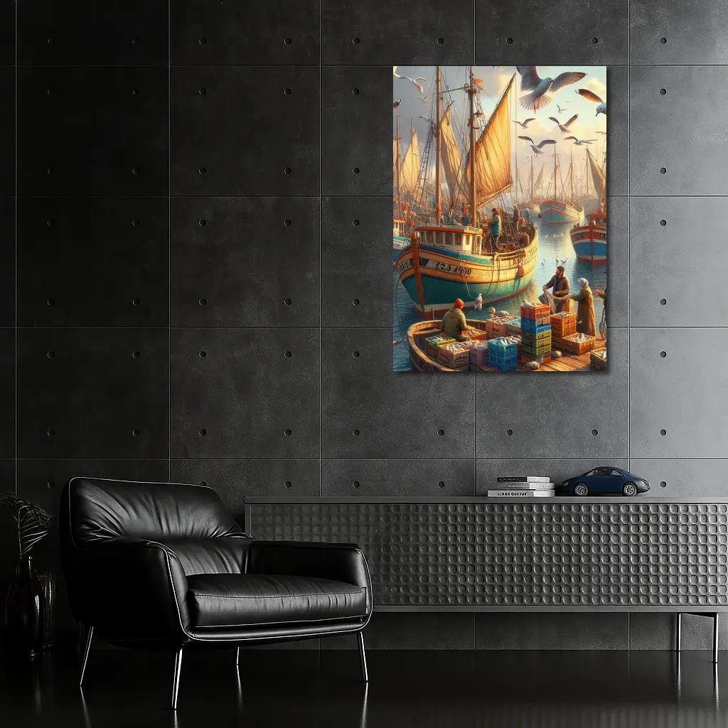 Fishing Harbor Boats Seagulls Coastal Scene – Wall Art