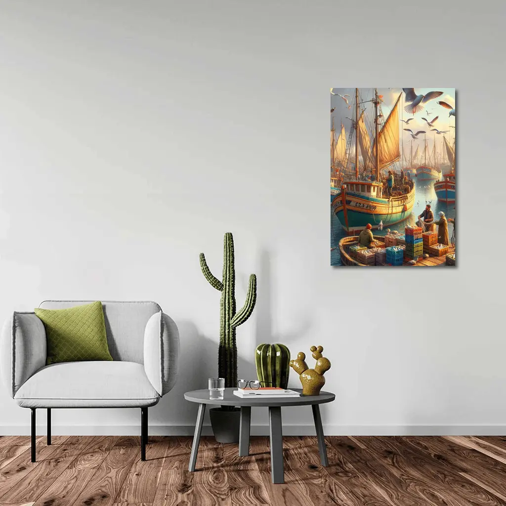 Fishing Harbor Boats Seagulls Coastal Scene – Wall Art