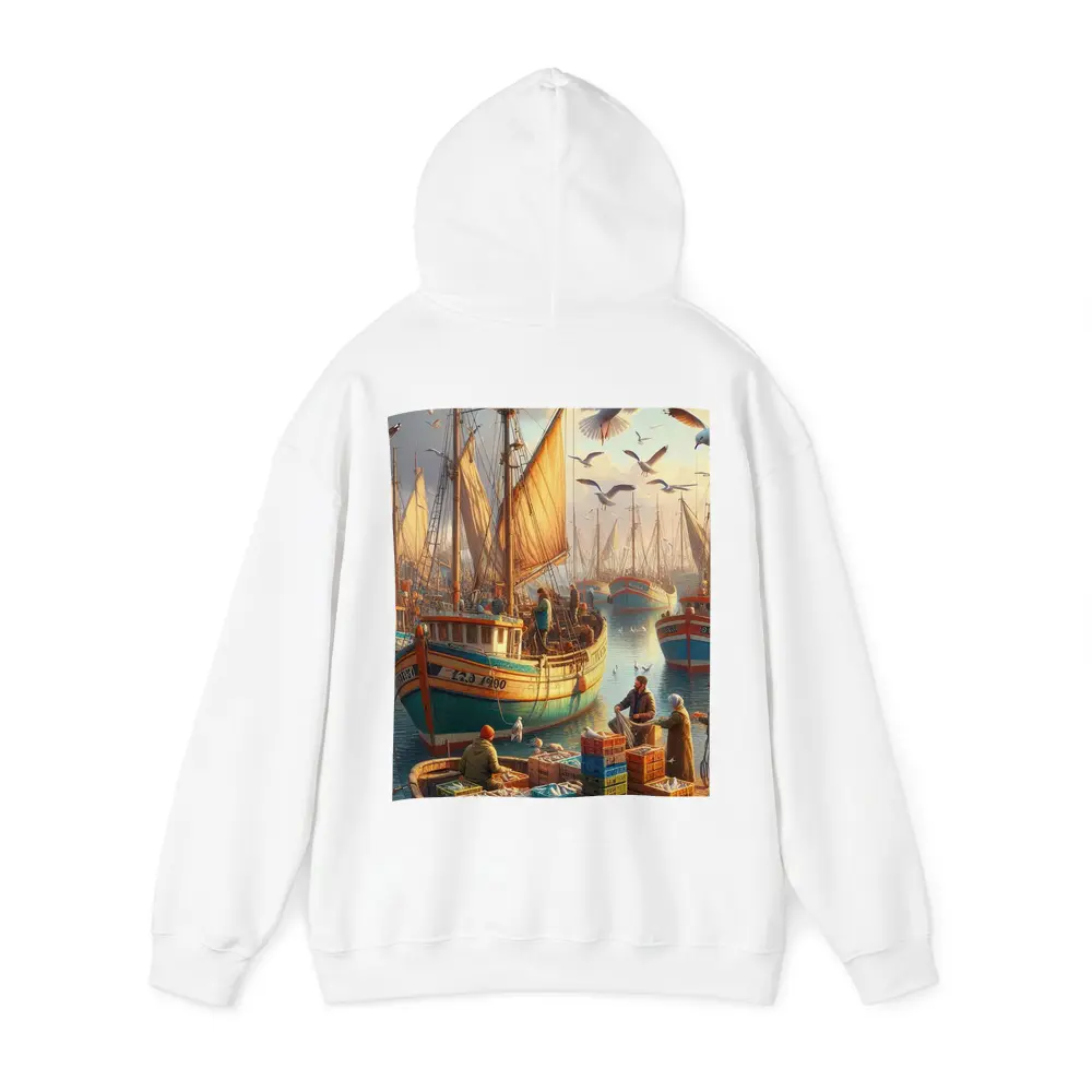 Fishing Harbor Boats Seagulls Coastal Scene – Hoodies