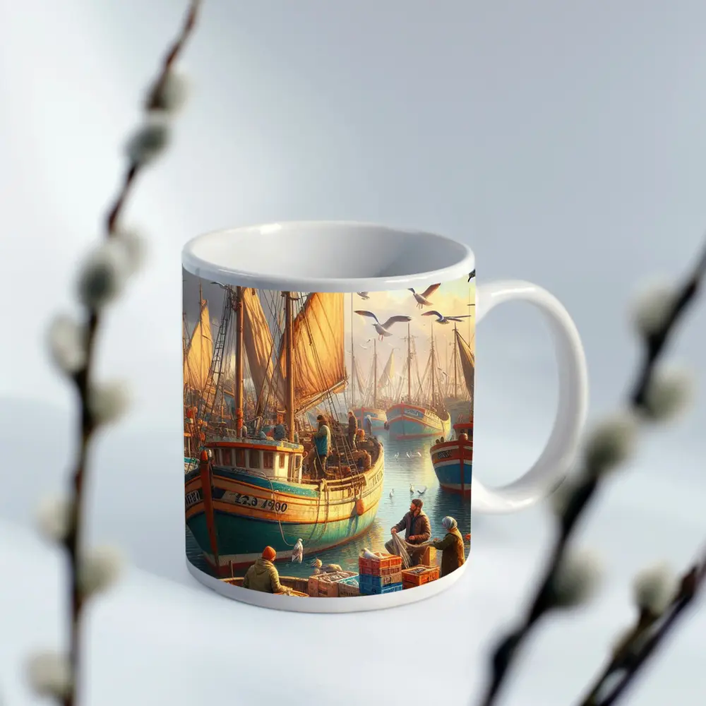 Fishing Harbor Boats Seagulls Coastal Scene – Mugs