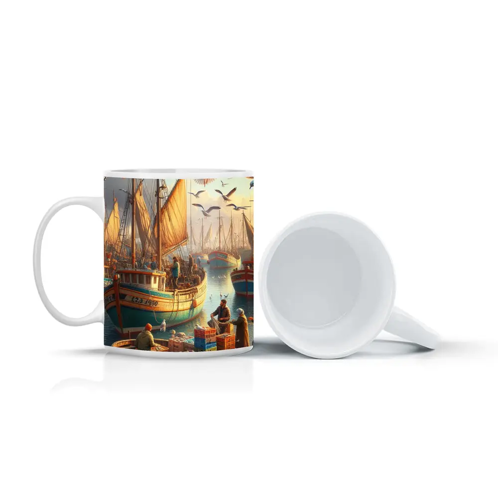 Fishing Harbor Boats Seagulls Coastal Scene – Mugs