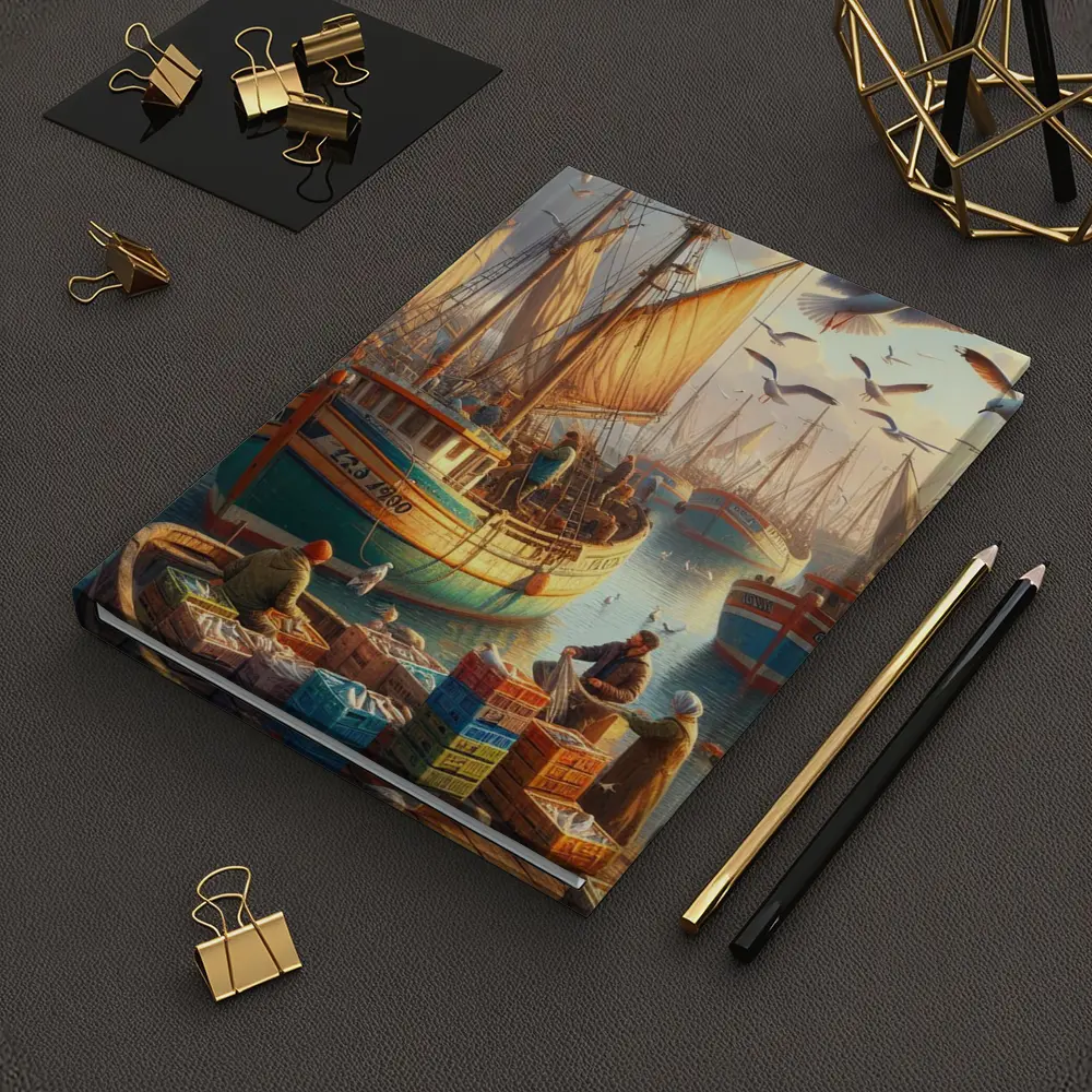 Fishing Harbor Boats Seagulls Coastal Scene – Notebooks