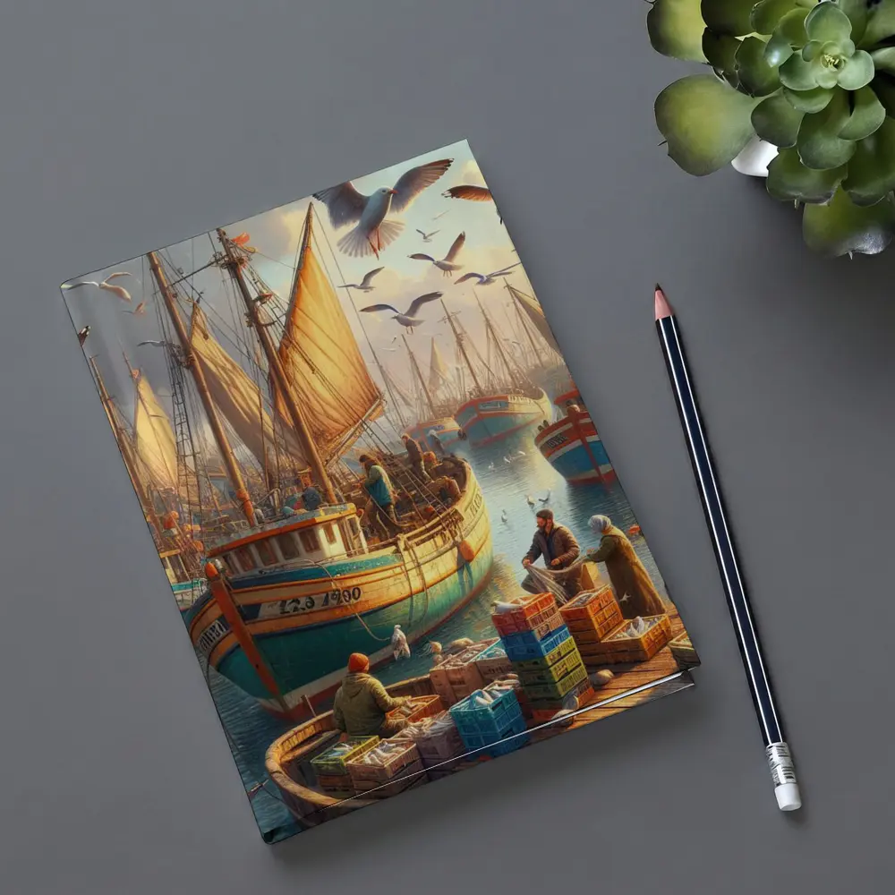 Fishing Harbor Boats Seagulls Coastal Scene – Notebooks