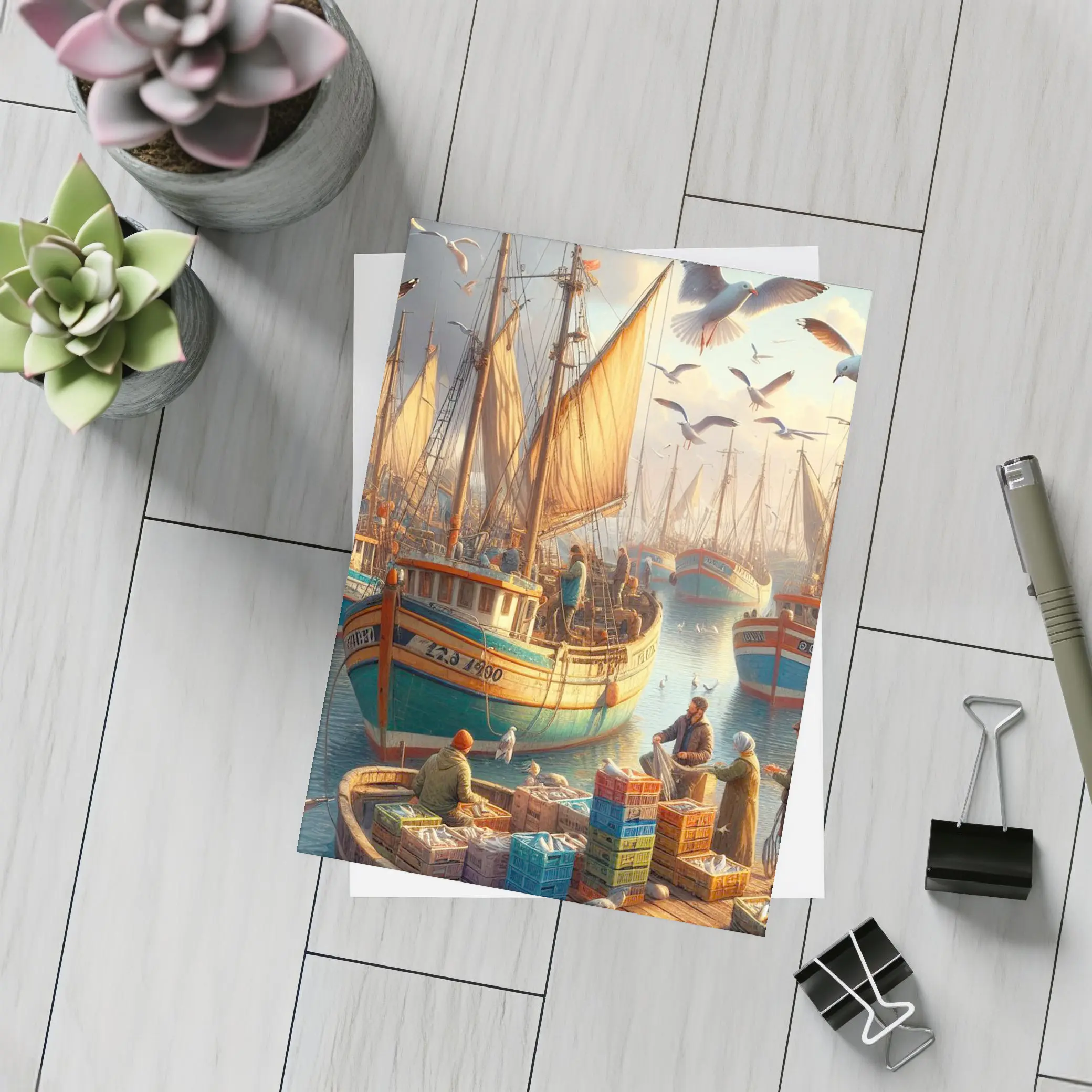 Fishing Harbor Boats Seagulls Coastal Scene – Postcards