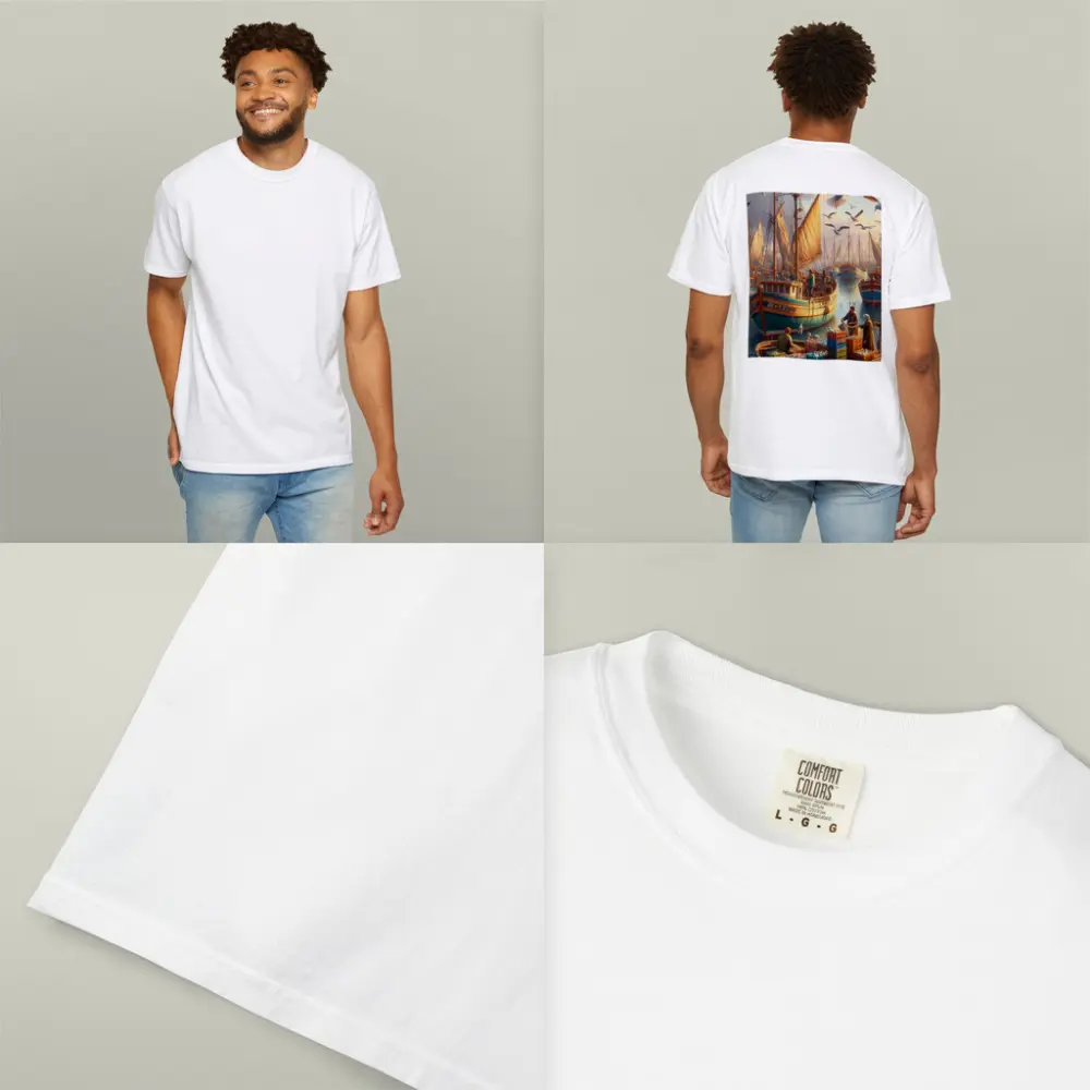 Fishing Harbor Boats Seagulls Coastal Scene – T-Shirts