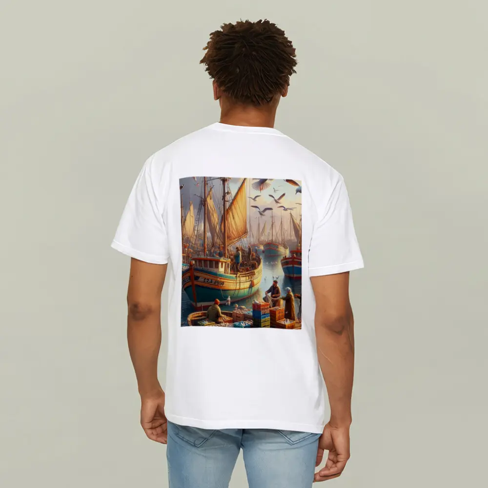 Fishing Harbor Boats Seagulls Coastal Scene – T-Shirts