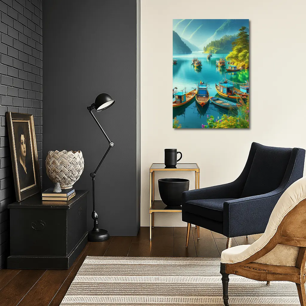 Colorful Fishing Boats Turquoise Mountain Lake – Wall Art
