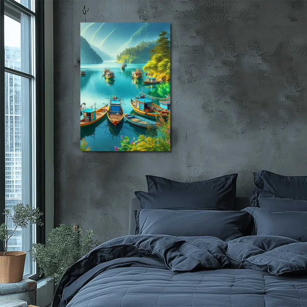 Colorful Fishing Boats Turquoise Mountain Lake – Wall Art