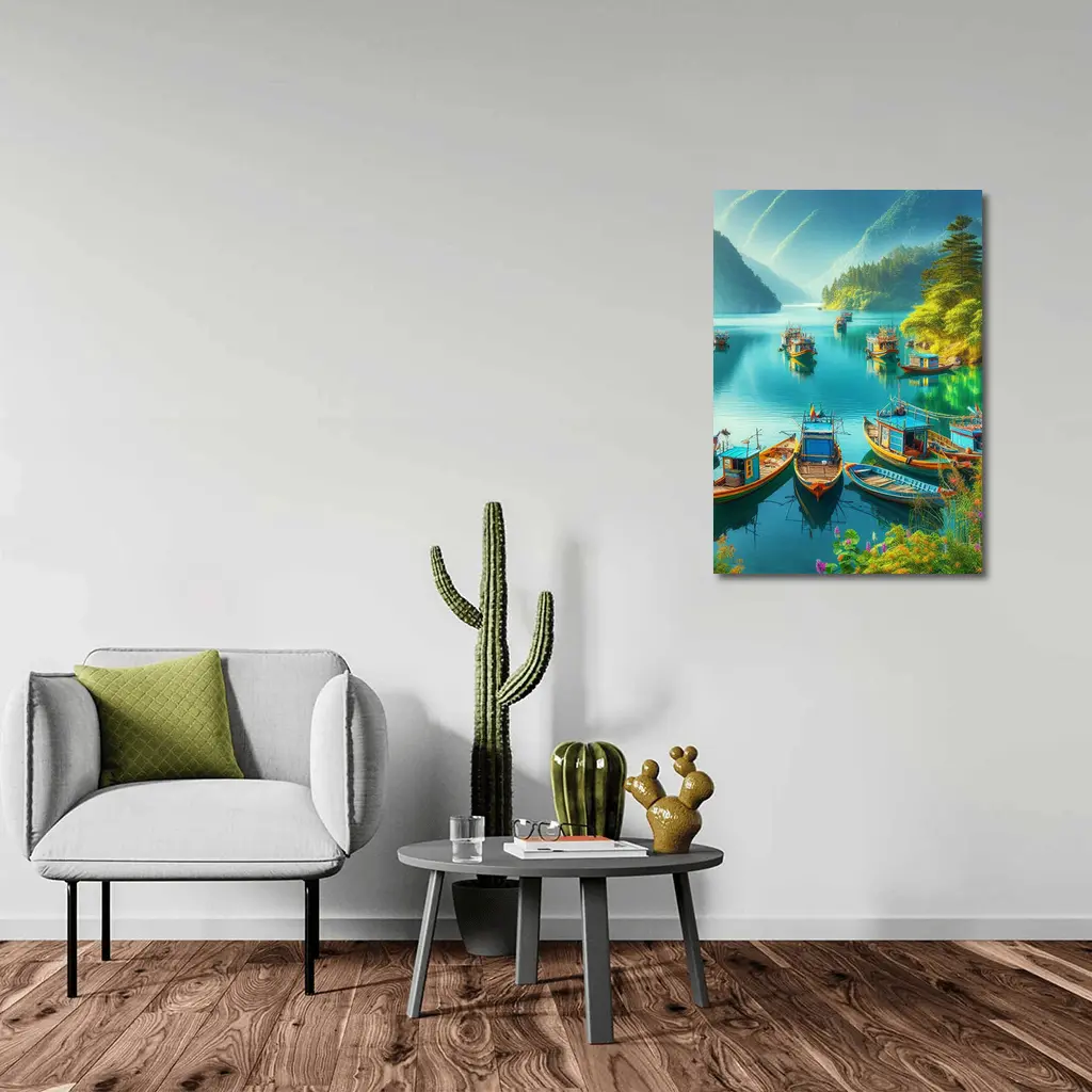 Colorful Fishing Boats Turquoise Mountain Lake – Wall Art