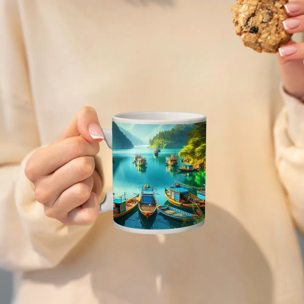 Colorful Fishing Boats Turquoise Mountain Lake – Mugs