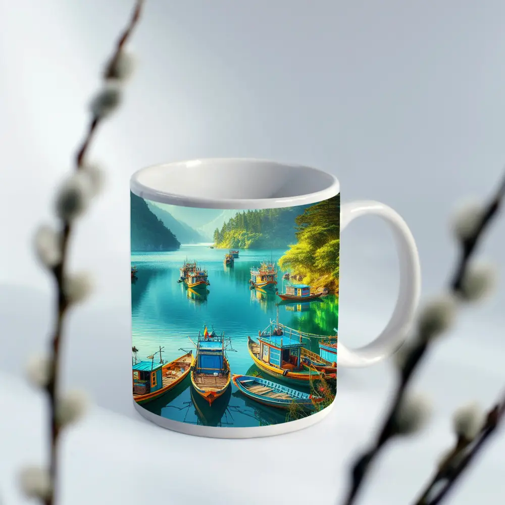 Colorful Fishing Boats Turquoise Mountain Lake – Mugs